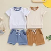 Lioraitiin Toddler Boys Summer Outfits Patchwork Round Neck Short Sleeve T-Shirts Tops Elastic Waist Shorts 2Pcs Clothes Set 1