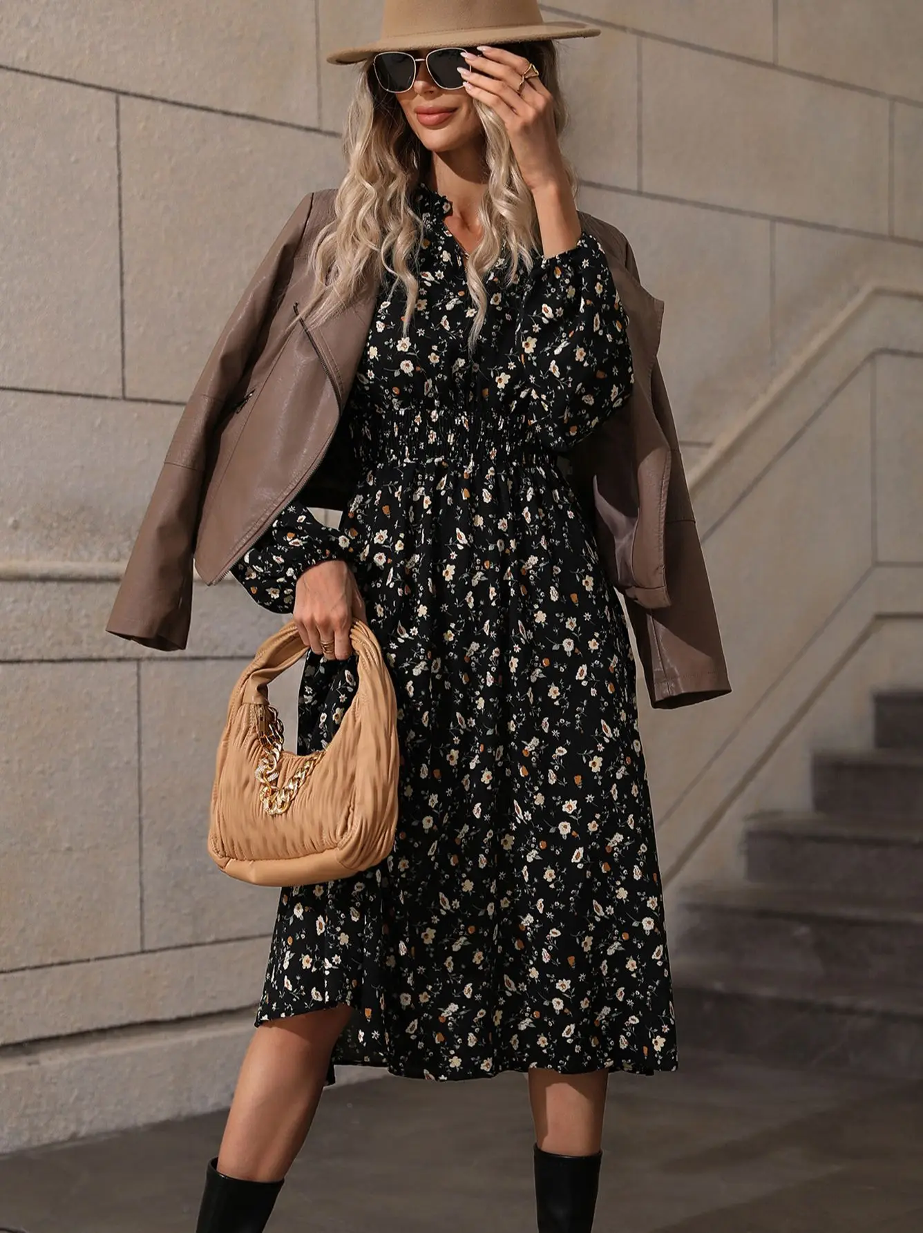 

Versatile Commuter Elegant Floral Frock V-neck Large Women's Dress 2023 Spring Temperament Gentle Long-Sleeved Knee-Length Skirt