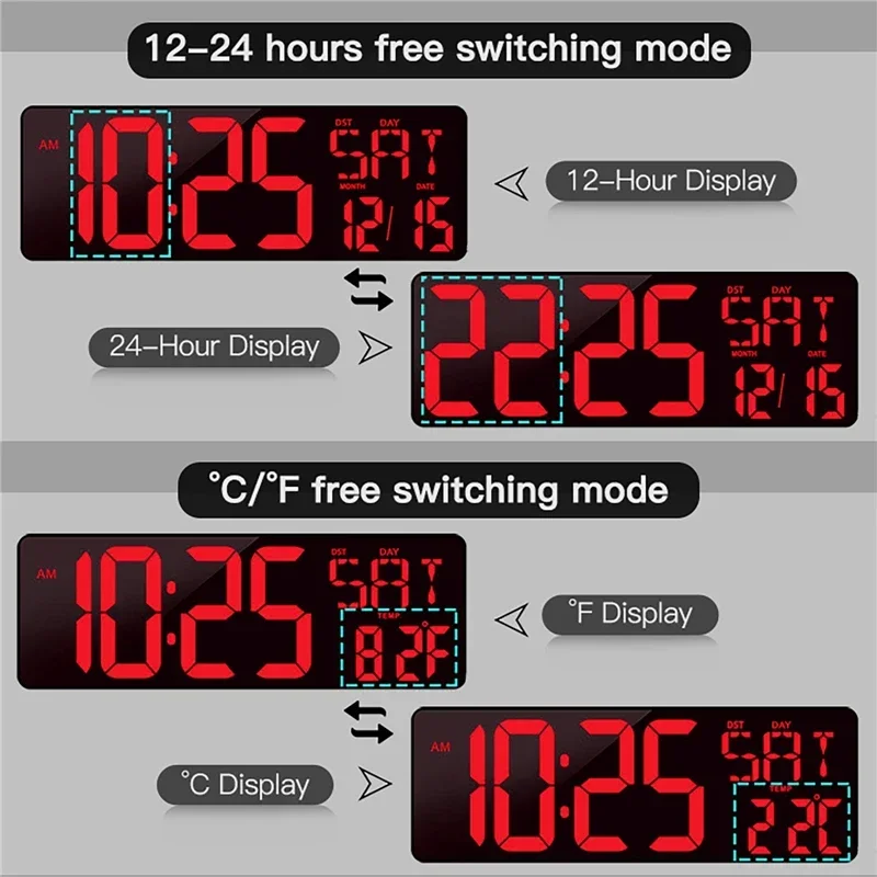 Digital Wall Clock 42cm Large Screen LED Digital Perpetual Calendar Clock Brightness Adjustable Temperature Date Week Display Alarm Clock with RE