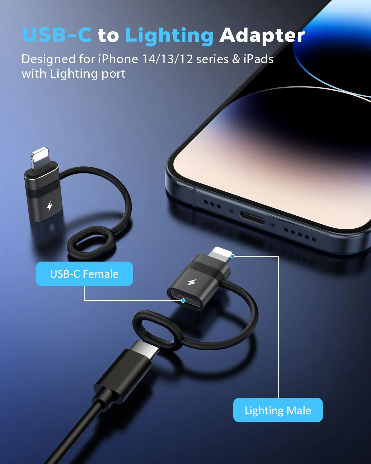 36W PD 고속 충전 기능이 있는 MoKo USB C-Lightning 어댑터, 오디오/OTG용 아님, iPhone 14용 USB-C Female-Lightning Male 어댑터