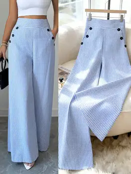 Stylish Striped Wide-Leg Trousers | Comfortable High-Waist Pants for Office & Casual
