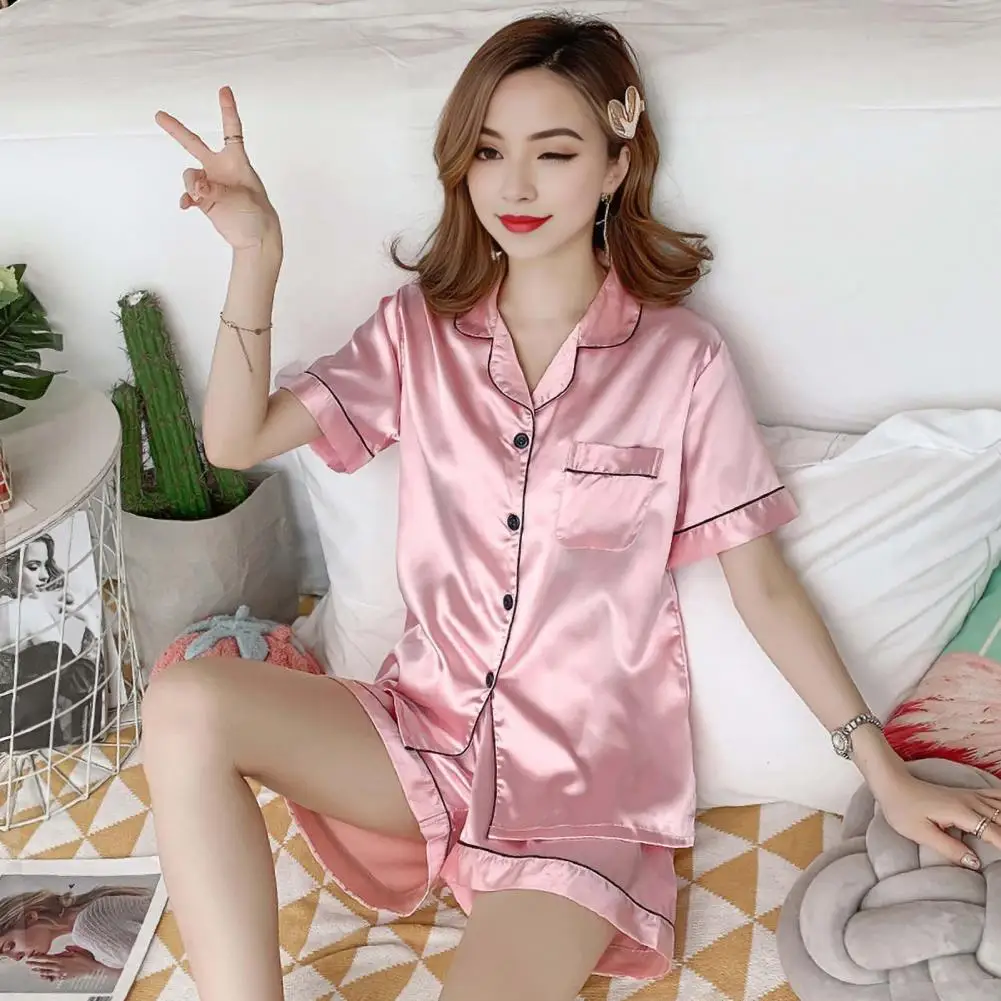 

Women Summer Pajama Set Short Sleeve Single-breasted Top Elastic Waist Loose Pant Homewear Shirt Pants Set Casual Wear Sleepwear