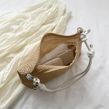 حقيبة منسوجة من القش، حقيبة يد منسوجة ساحرة طبيعية، حقائب كتف منسوجة يدويًا، محفظة وهاتف للأساسيات اليومية 4