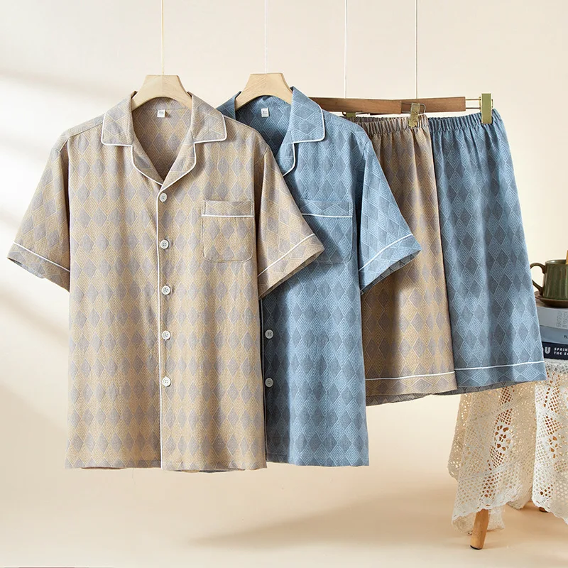 다이아몬드 체크 인쇄 남성 코튼 카디건 짧은 소매 반바지 여름 캐주얼 대형 남성 Loungewear 세트