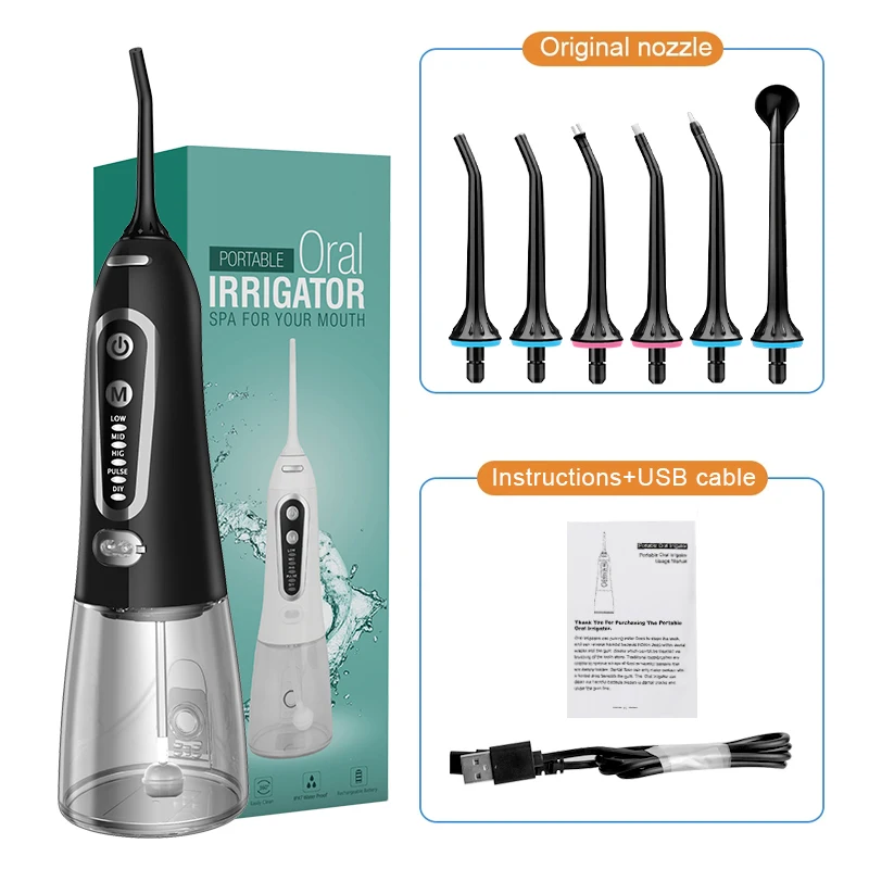 Oral Irrigator 5 Modes USB Rechargeable Portable Dental Water Flosser Jet 300ml Water Tank Teeth Cleaner 6 Jet Nozzle