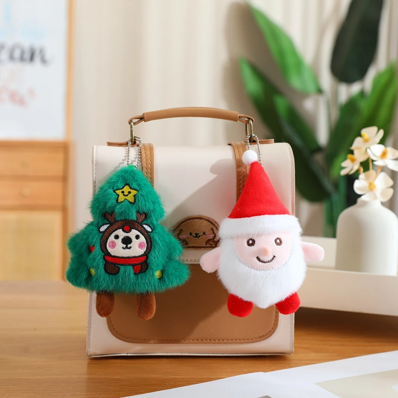 Kawaii Christmas Plush Keychain Cartoon Santa Claus Christmas Tree Doll Stuffed Toys Car Keyring Bag Pendant Hanging Decor Gift