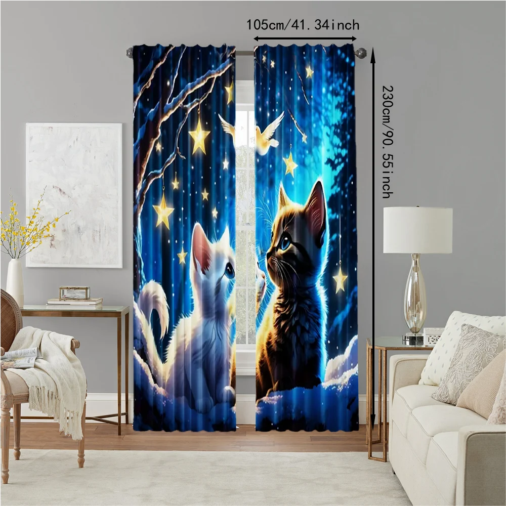2Pcs Adorable Cat And Star Print Polyester Window Curtains Rod Pocket Design For Easy Hanging Home Decor Perfect For Bedroom 4