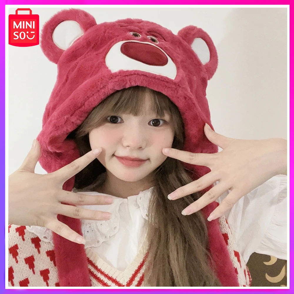 

Miniso 2023 Strawberry Bear Hat Women Cowl Hat Women's New Lovely Winter Cycling Ear Protector Plush Warm Hat Christmas Gift
