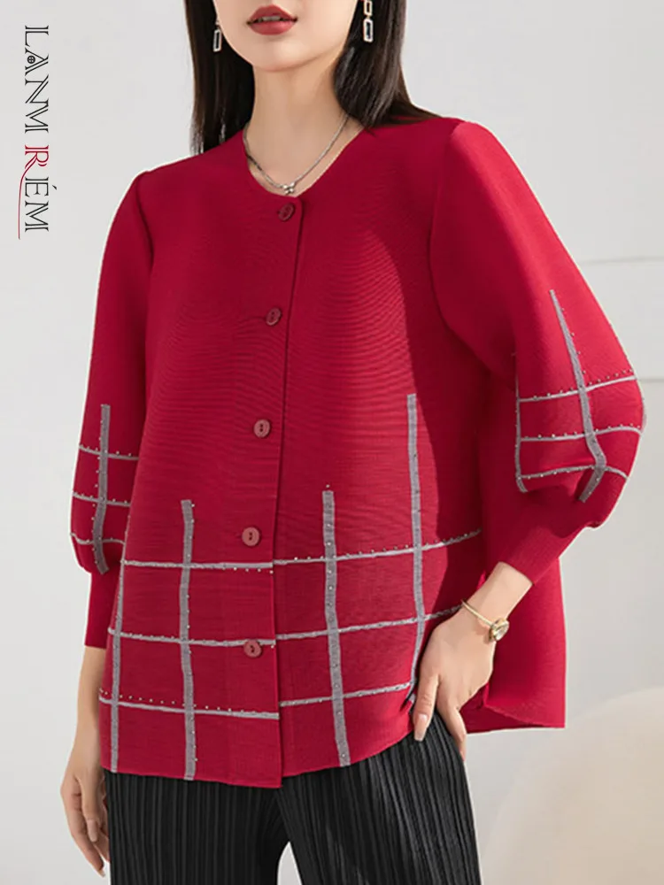 

LANMREM Round Neck Pleated Shirts For Women Long Sleeves Plaid Print Color Block Female Chic Loose Top Spring Summer 2L1023