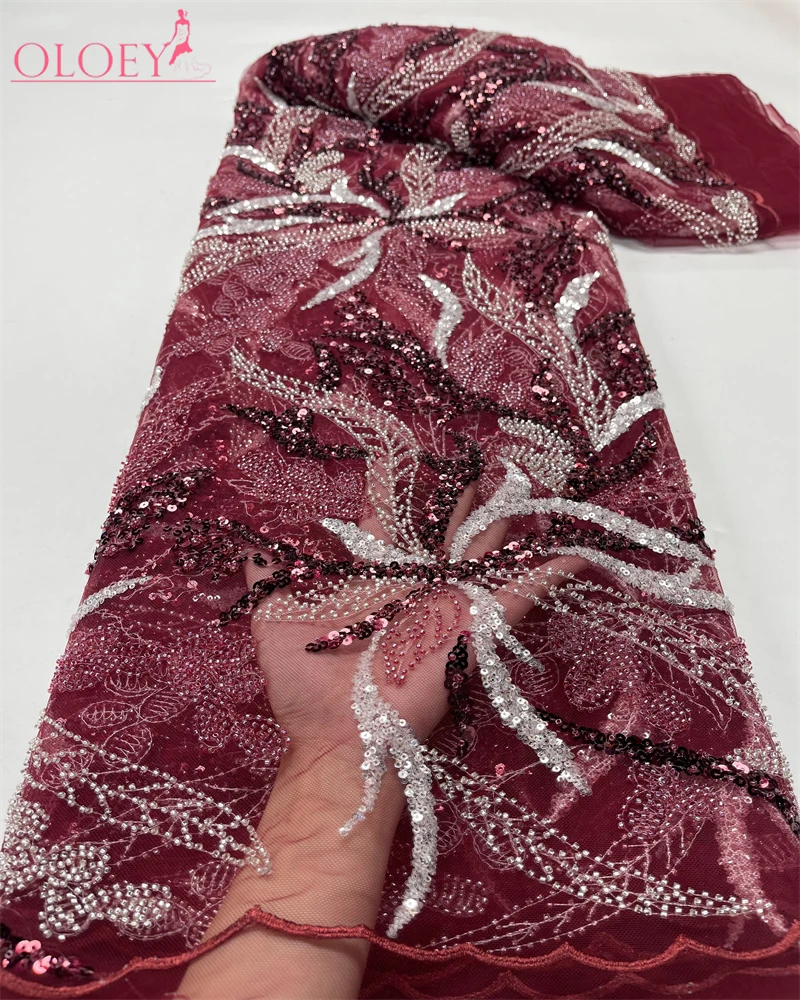 

2023 Fashion Elegant French Embroidery Beaded Lace Fabric African Nigerian With Sequins Fabric For Wedding Dress