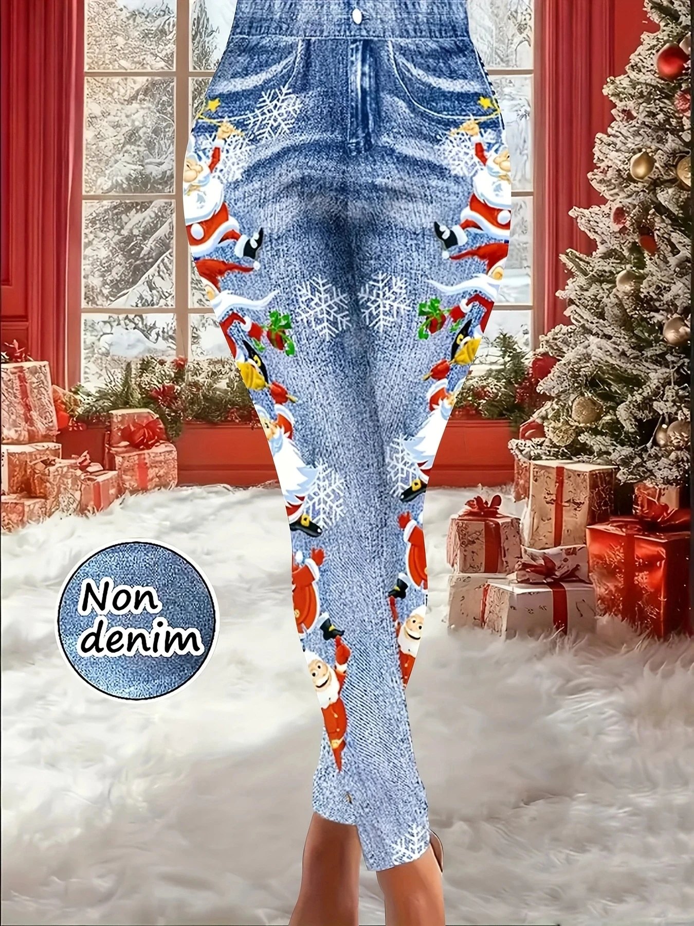 【Non-Denim】Women's Faux Denim Print Leggings, Sports Casual Skinny Pants, Thin Soft Skin-Friendly Yoga Pants, All-Season Long Pa 2