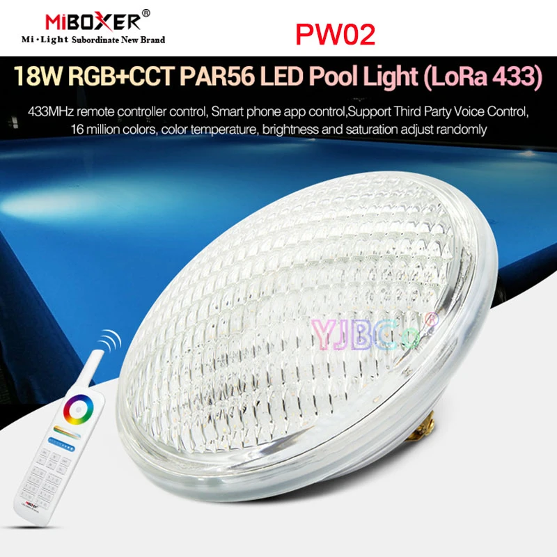 PW02 Miboxer 18W RGB+CCT Underwater led Lamp PAR56 LED Pool Light Waterproof IP68 433MHz RF Control AC12V / DC12~24V Glass Cover2. Support Smart Phone APP control and third party voice control transom lights for boats