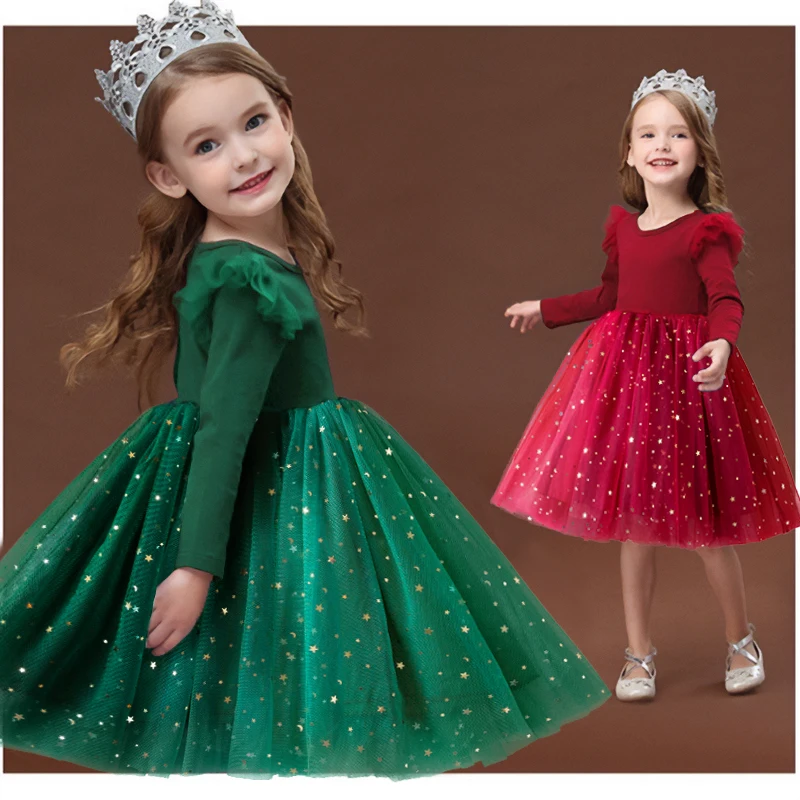 Autumn and Spring New Arrival Christmas Cartoon Sequins Pattern Long Sleeves Dress for Stylish Girls