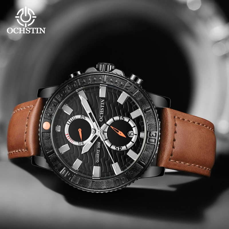 OCHSTIN Originale Series Craftsmanship Multi-functional Quartz Watch Mineral Plus Hard Glass Leather Watch Style Men