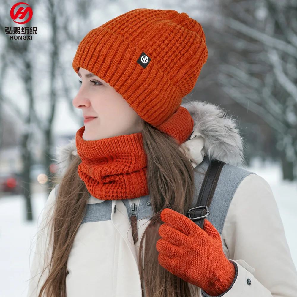 

Knitted Hat Scarf Gloves three-piece Autumn And Winter Men And Women Outdoor Windproof Wool Warm Padded Scarf three-piece Set