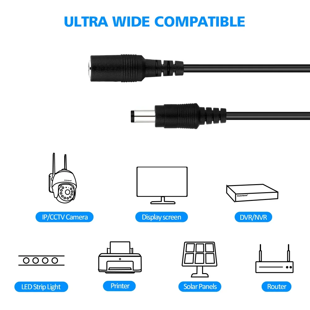 5M DC12V Power Extension Cable 5.5*2.1mm Cord Connector Male To Female Plug For