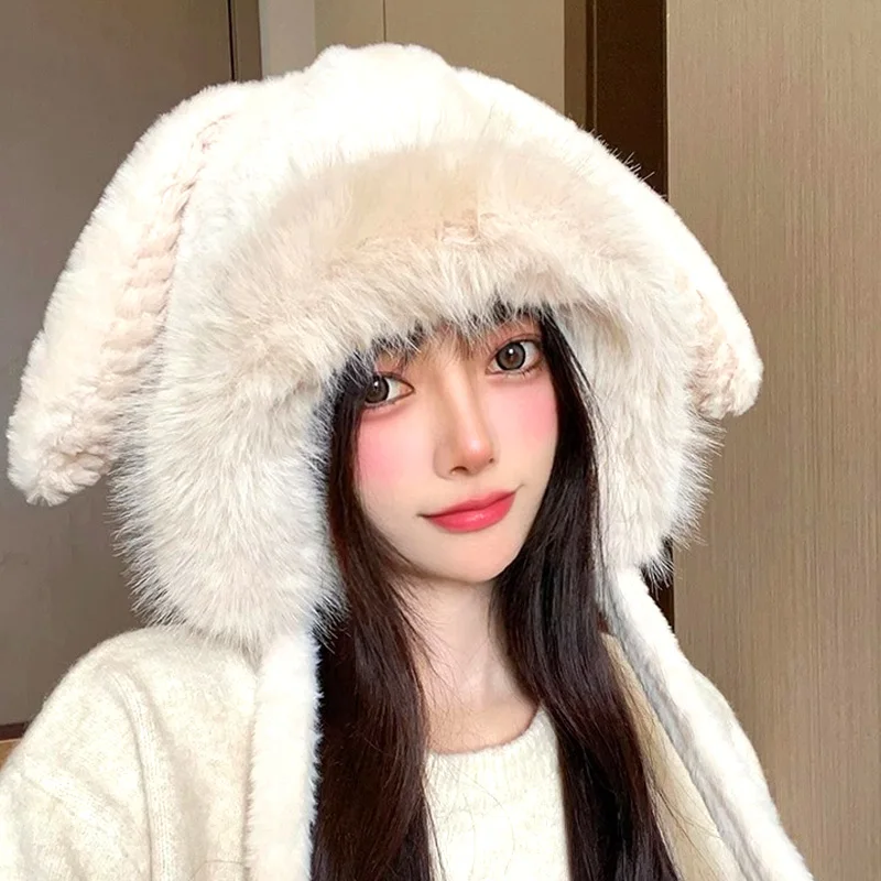 

Милая шапка с большими ушками кролика Зимние Теплые Мягкие плотные шапки с карманами теплые шапки с ушками шапочки с капюшоном Новинка 2023 модный шарф шапка перчатка для женщин