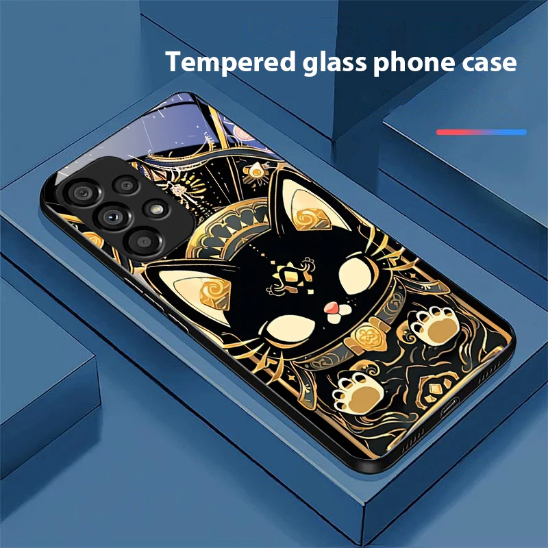 Black Gold Cat Design Tempered Glass Phone Case with Hard Shell