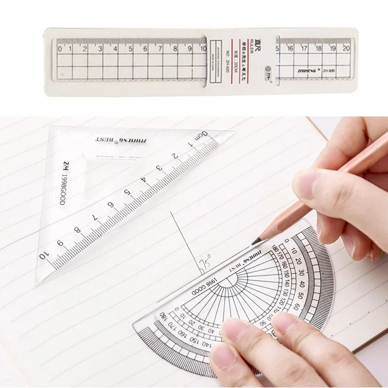 Plastic Transparent Ruler Protractor Triangle Ruler Measure Draw School Office Supplies Scale Stationery 4Pcs/set