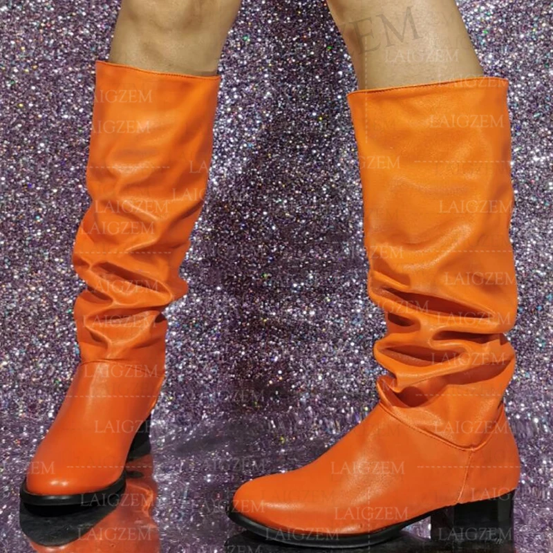 

BERZIMER Women Knee High Boots Pleated Round Toe Low Heels Pull On Faux Leather Shoes Woman Zapatos Mujer Large Size 44 47 50 52