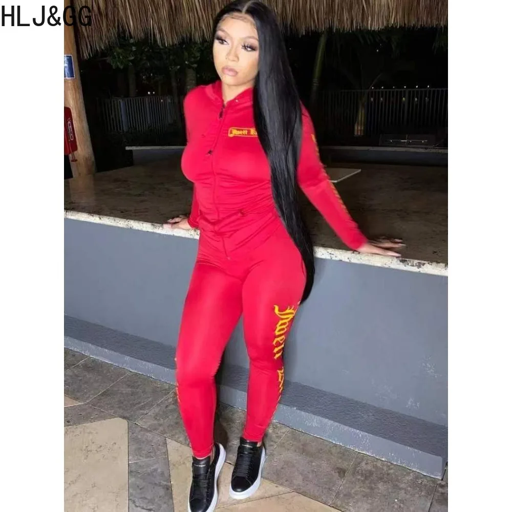 HLJ&GG Fashion Streetwear Women Letter Print Hooded Long Sleeve Zipper Top And Skinny Pants Two Piece Sets Casual 2pcs Outfits