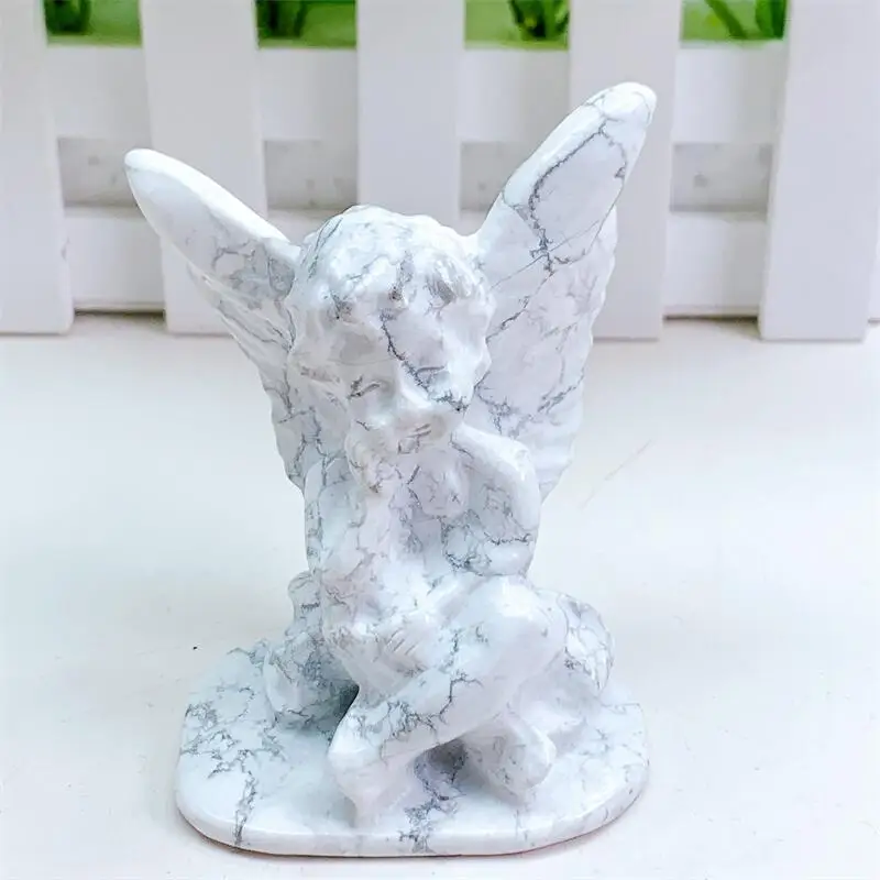 

8.5cm Natural Howlite Gemstone Angel Carving Crystal Reiki Healing Figurine Trinket Craft Gift Home Decoration 1pcs