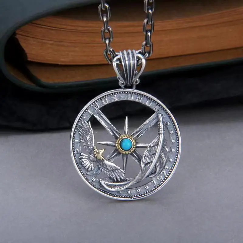 

Sailing Six Point Star Eagle Feather Disk Hollow out Pendant Men's and Women's Fashion Tag Pendant