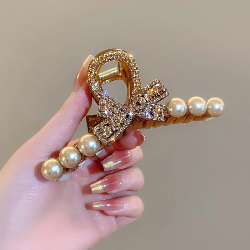Hair Accessories Fashion Korean Edition Pearl Crystal Bow Horse Tail Claw Clip Girl