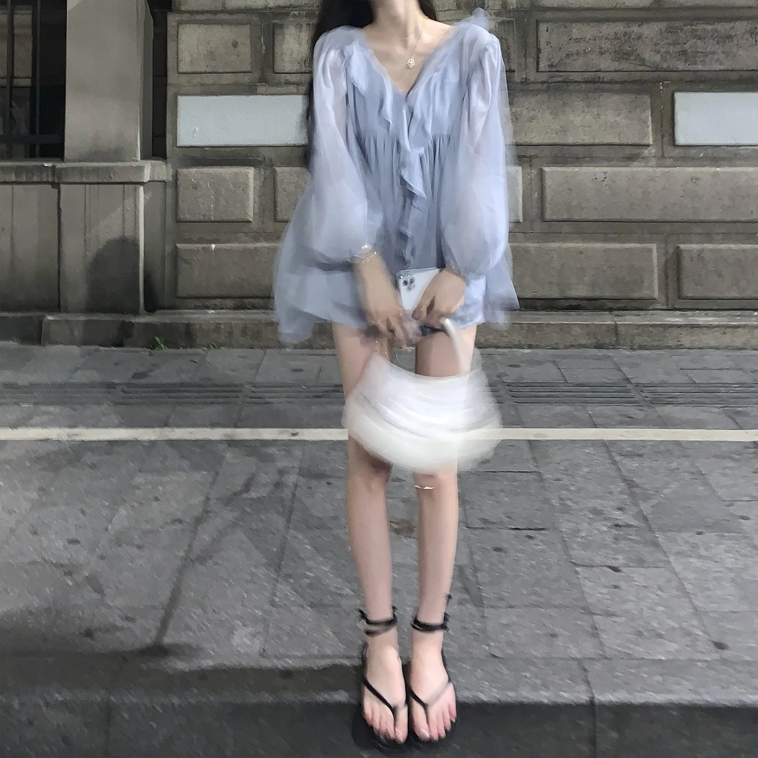 Lace Trim Long Sve Milk Blue Women's Chiffon irt Korean Sle Pure Desire Faion Top for Early Autumn Straight Cut