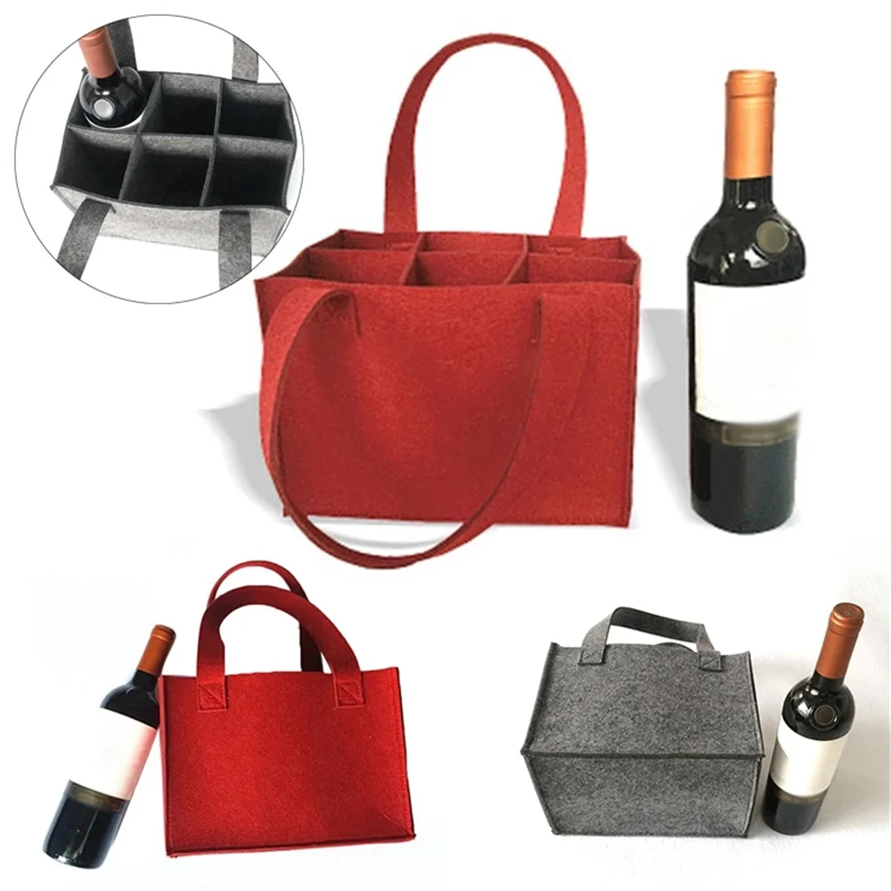 

6 Grids 6 Bottles Divider Washable Grey Tote Bag Bottle Carrier Reusable Fashion Felt Bag Wine Holder Beer Bottle Shopping