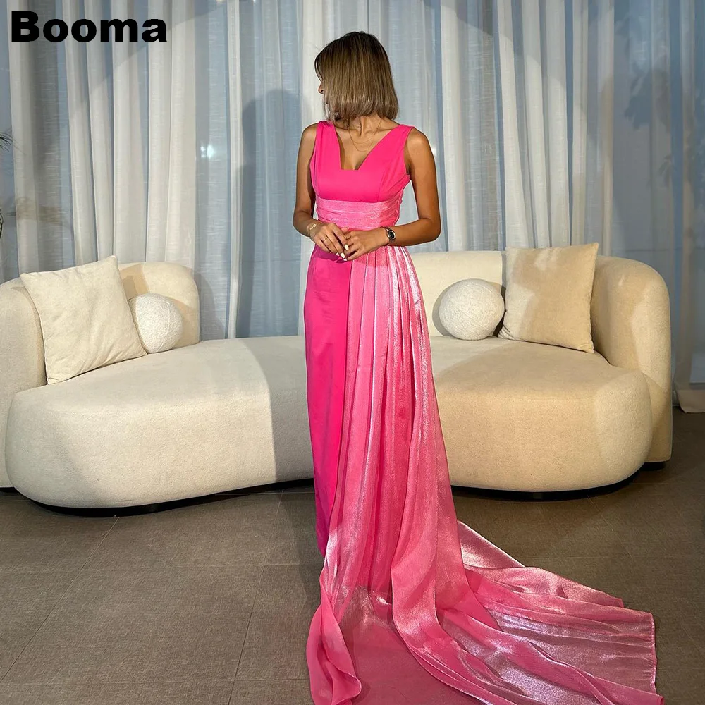 

Booma Pink Saudi Arabia Mermaid Formal Dresses V Neck Sleeveless Prom Gowns with Train Floor Length Evening Dresses for Women