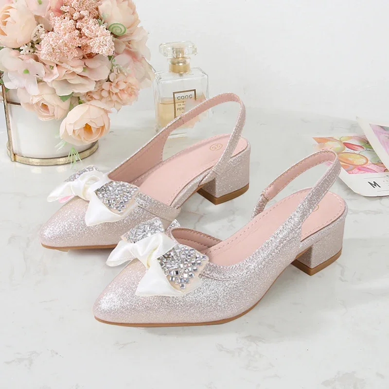Summer New Children's Crystal Shoes, Fashion Bow Sequins High Heels, Soft Sole Anti Slip, Girl Princess Shoes, girls shoes, girls high heel shoes