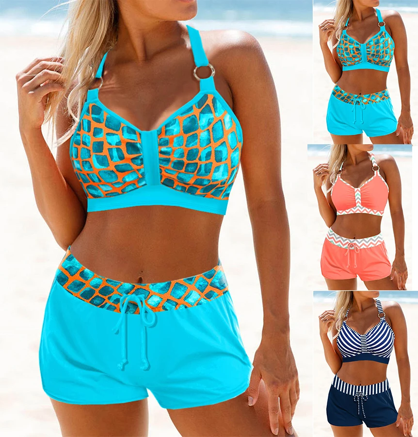 Bikini Set Women Swimwear Bikini Swimsuit Summer Women's Bikini Two Piece Swimwear Gold Border Checkered Print Lace Up Beach Dress S-6XL