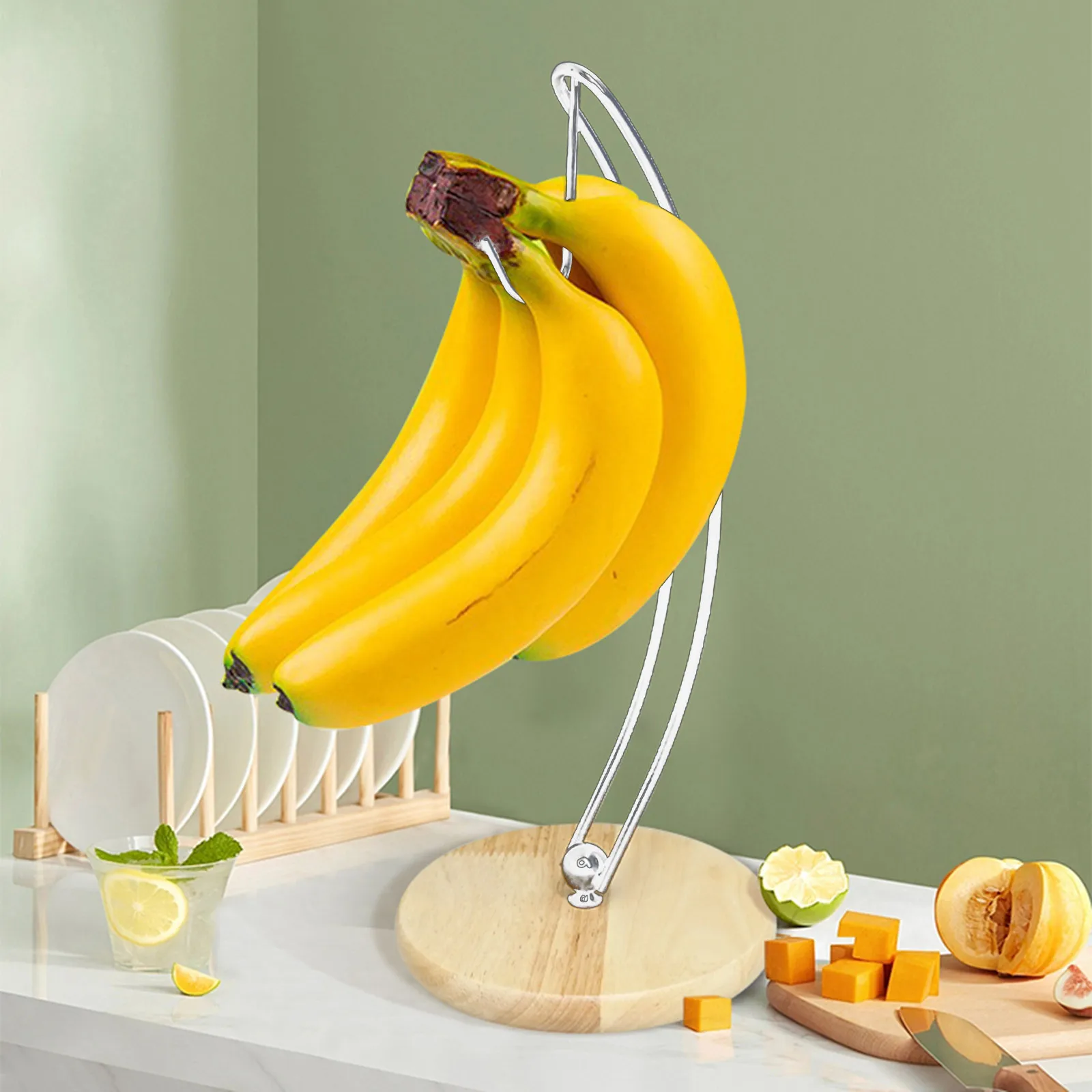 

1pcs Banana Holder Solid Wood Base Vertical Multifunctional Hook Rack Fruit Rack Banana Hanger Home Bar Food Storage Stand