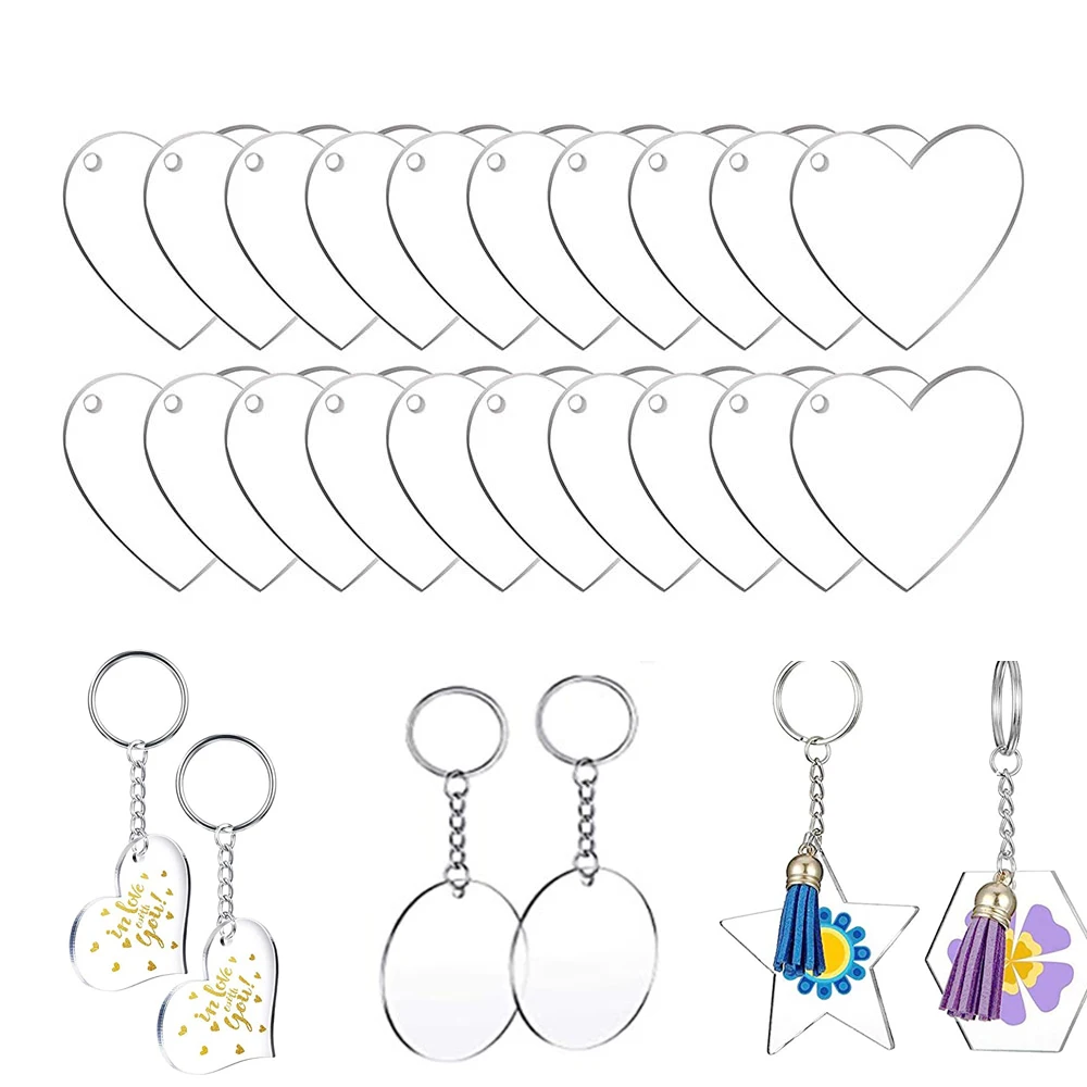 

20pcs DIY Keychains Kits Transparent Acrylic Blanks Love Heart Discs for Keychain Pendant Jewelry Making Key Chain Tags Crafts