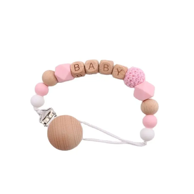

Custom Name Beech Wood Beads Dummy Clip Pacifier Chain Holder Natural Organic Crochet Bead Anti-drop Chain Baby Gifts