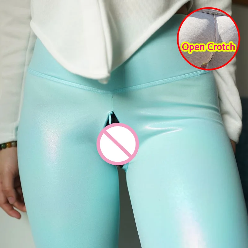 

Woman Open Crotch Sexy Leather Leggings with Hidden Zippers Crotchless PU Panties Gothic Couple Outdoor Sex Latex Trousers Pants