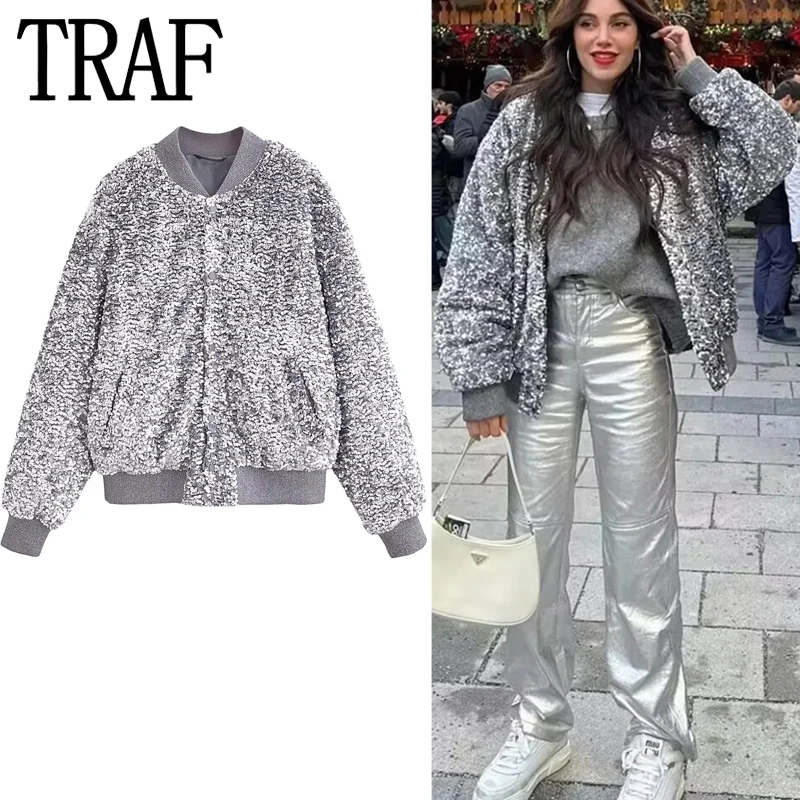 

TRAF Sequin Bomber Jacket Woman Silver Glitter Oversize Jacket Women Long Sleeve Aviator Jackets Streetwear Autumn Winter Coat