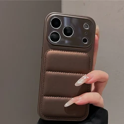 Luxury Down Jacket Phone Case with Shockproof Dual - Layer Armor and Large Window Cover - iPhone 15 (Brown)