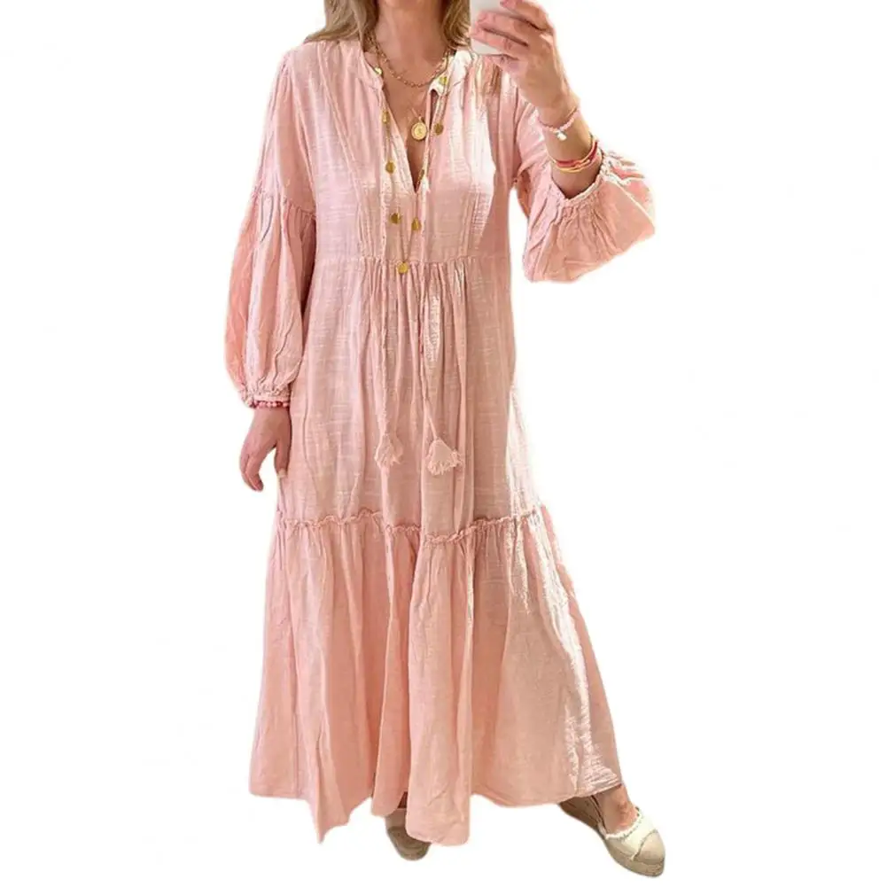 

Women Dress V Neck Long Sleeve Bubble Sleeve Tassel Loose Patchwork A-line Loose Hem Pleated Bohemian Dress