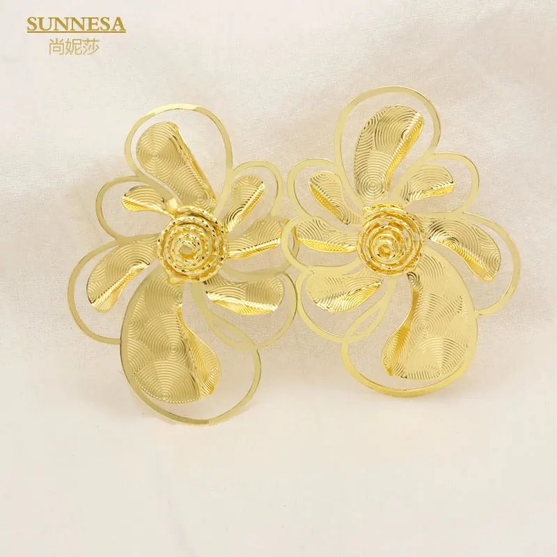 SUNNESA Gold Color Flower Design Mirror Side Clip Earrings Fashion Dubai Jewelry African Big Earrings for Women