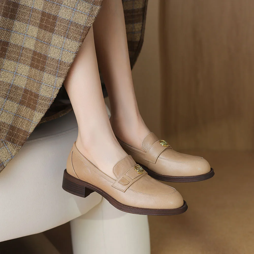 

Round Toe Soft Leather Middle Heel Loafers Women Spring Autumn Woman Pumps Fashion Leisure Slip on Square Thick Heel Single Shoe