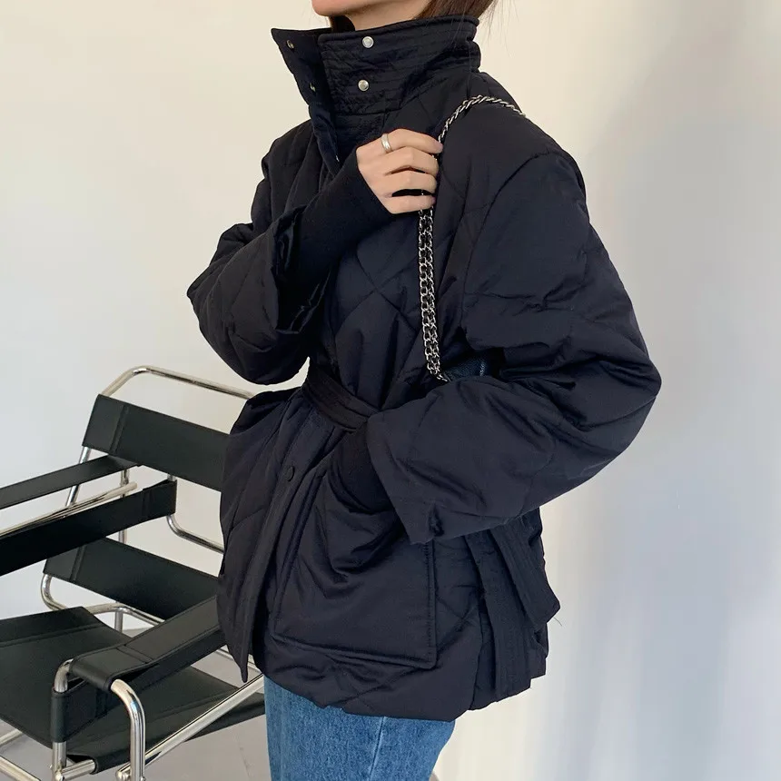 Winter Stand-up Collar Cotton Jacket Women Single-breasted Long-sleeved Solid Belt Thick Coat Korean Fashion Pocket Outerwear