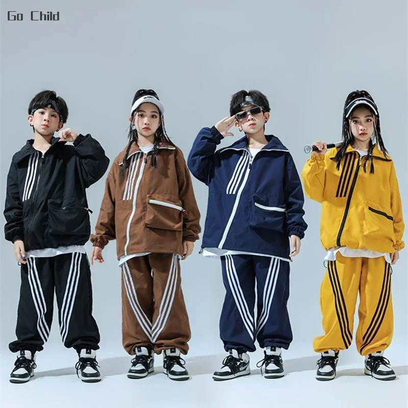 Hip Hop Girl High Collar Bomber Jacket Cargo Sport Pants Boy Street Dance Coat Streetwear Kids Jazz Outfits Child School Uniform hip hop kids outfit