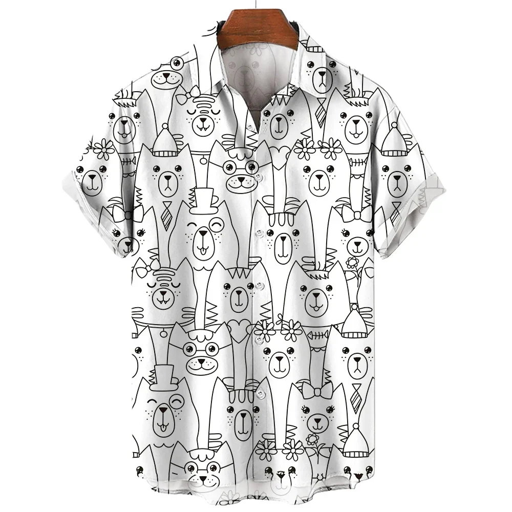 Men's Short Sleeve Shirt Fashion Cartoon Line Cat Pattern Print Top Women's Casual Button Shirt Top 5