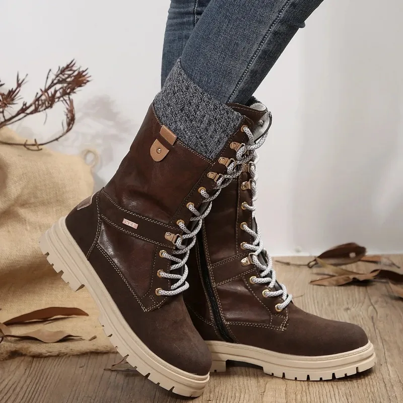 2024 Women Winter Buckle Knitted Mid-calf Boots New Low Heel Round Toe Boots Top Quality Winter Warm Boots