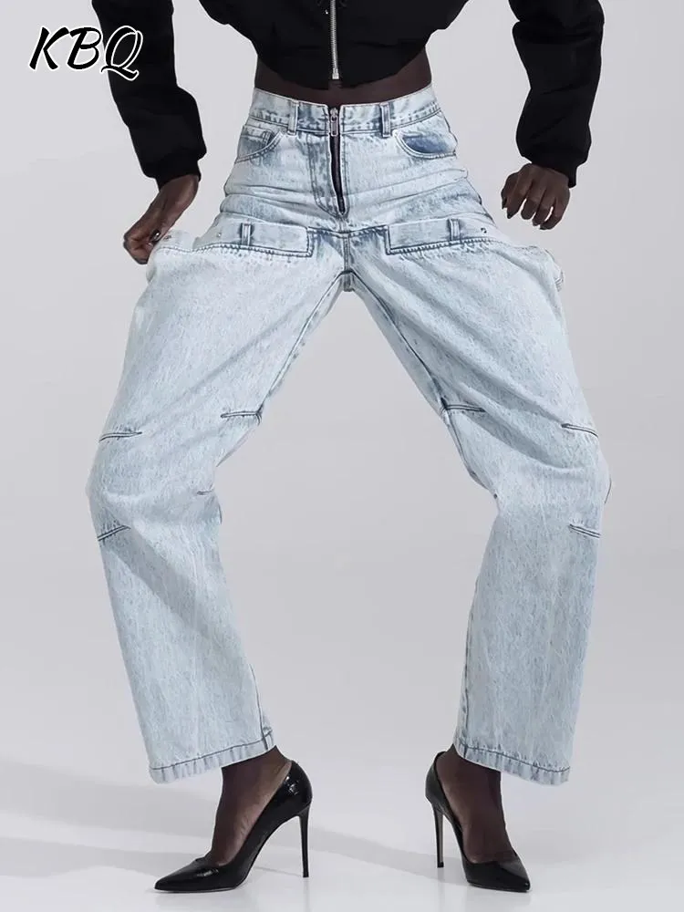 

KBQ Patchwork Zipper Hollow Out Denim Pants For Women High Waist Streetwear Irregular Straight Leg Jeans Female Fashion Clothing