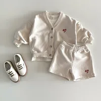 New Babies Boys Spring Costume Girls Suit Casual Loose Solid Color Tracksuits Long Sleeve Cardigan + Shorts Korean Two-piece Set