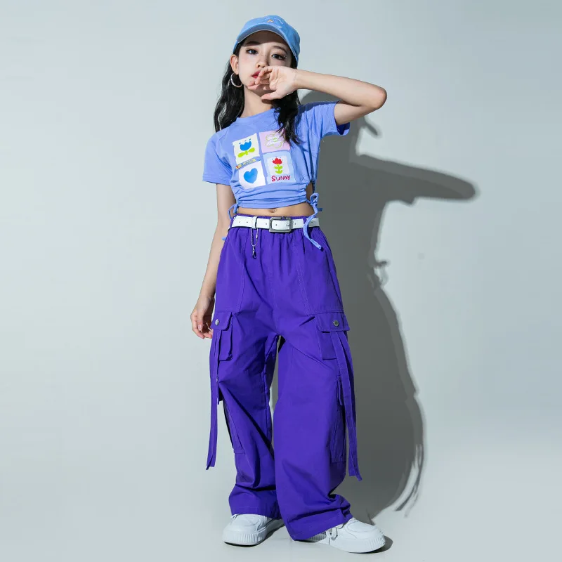 

Kid Kpop Hip Hop Clothing Purple Side Drawstring Crop T Shirt Top Casual Pocket Cargo Pants for Girl Jazz Dance Costume Clothes