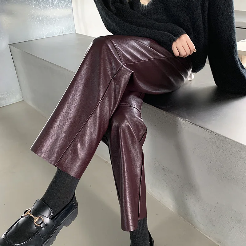 

Black PU Leather Pants for Women's Spring Autumn 2023 New High Waiste Straight Wide Leg Pants English Casual Loose Trousers